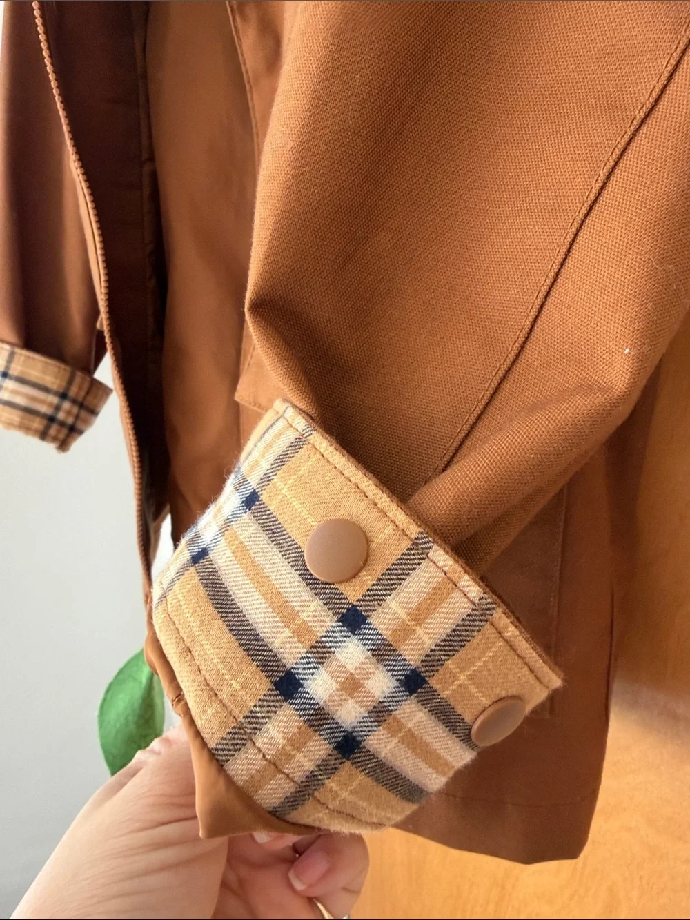 Uniqlo Kids Brown Canvas Jacket with Corduroy Collar, plaid lining